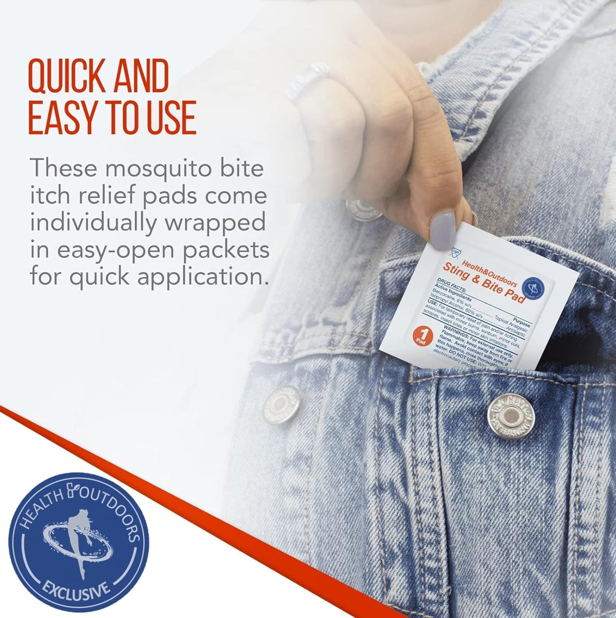 HEALTH & OUTDOORS Sting and Bite Pads (120 CT) for Itch and Pain Relief, 6% Benzocaine, Useful for Burns and Wounds, Compact