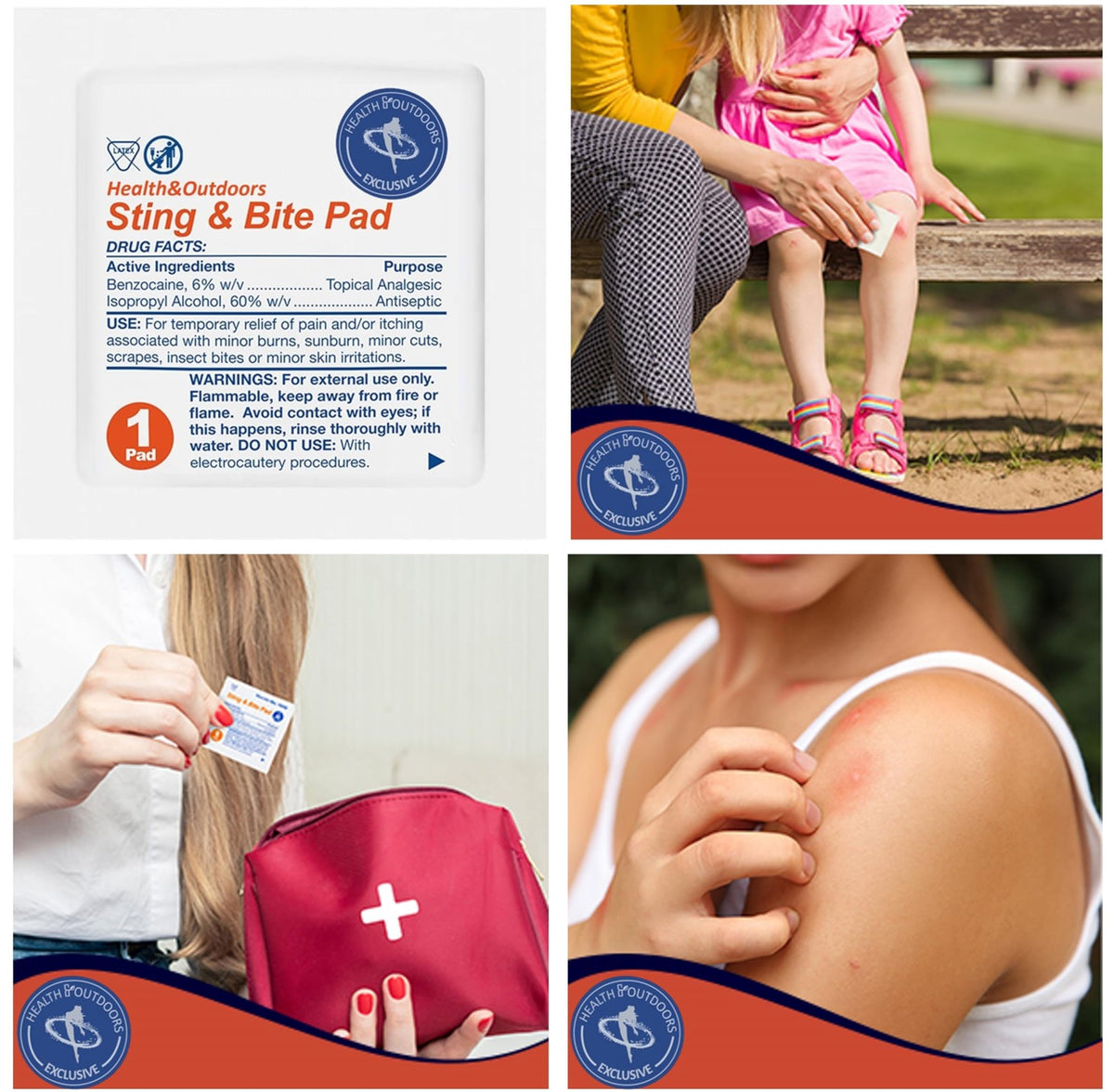 HEALTH & OUTDOORS Sting and Bite Pads (120 CT) for Itch and Pain Relief, 6% Benzocaine, Useful for Burns and Wounds, Compact