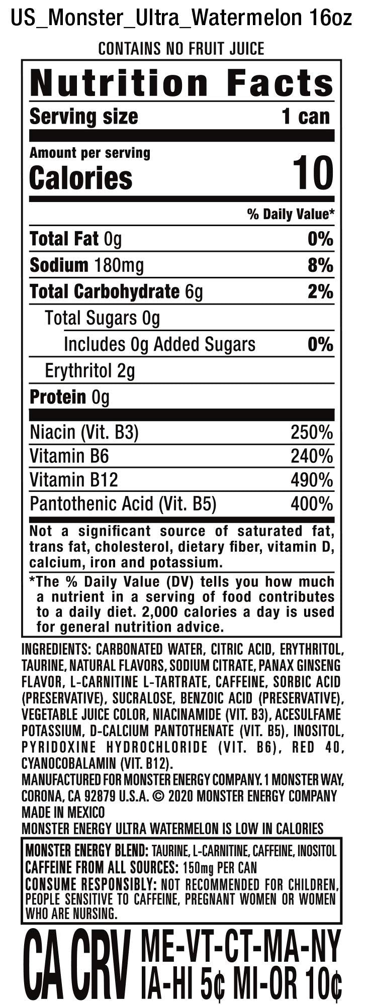 Monster Energy Ultra Watermelon, Sugar Free Energy Drink, 16 Ounce — additional product image 3