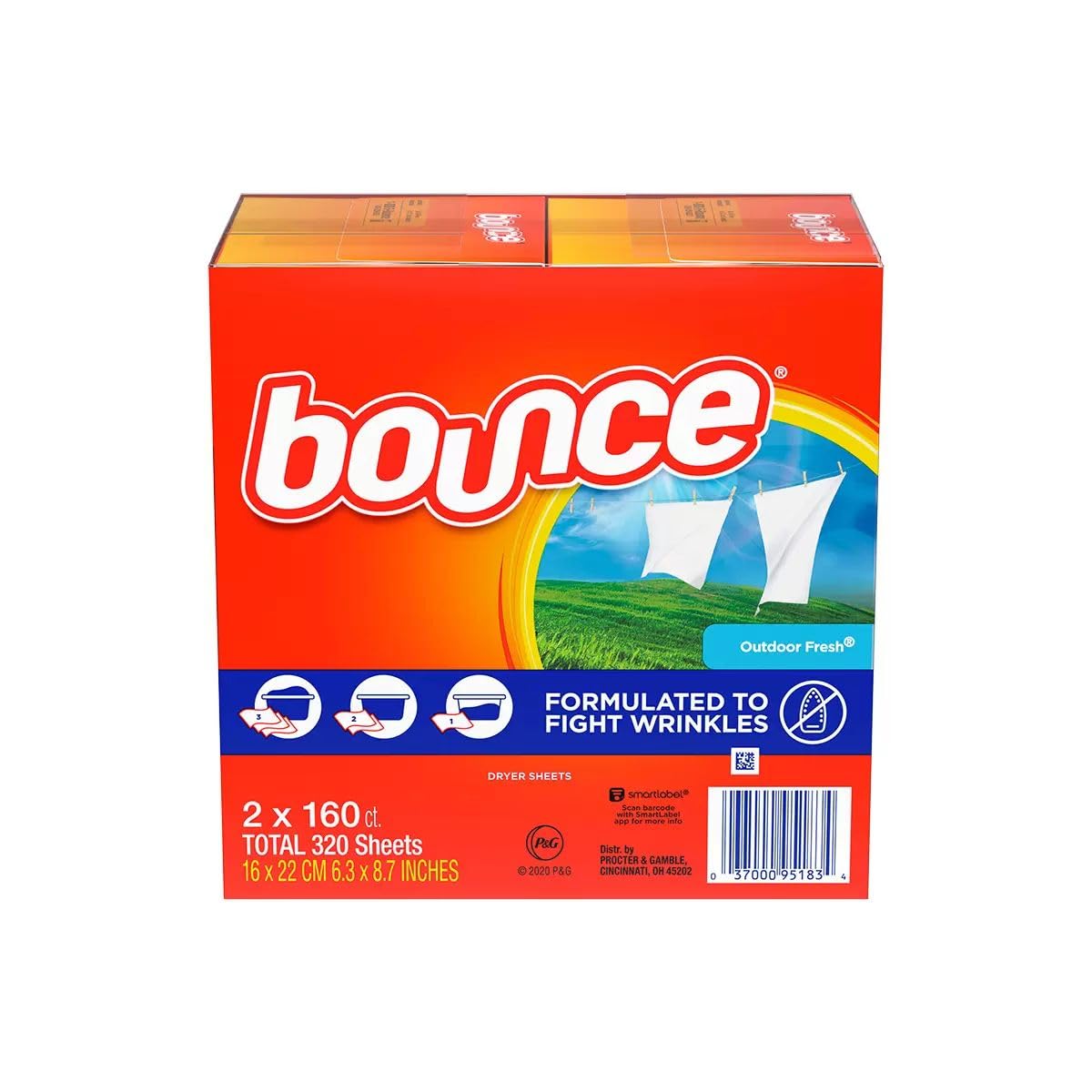 Bounce Outdoor Fresh dryer sheets, 160 sheets, two-pack