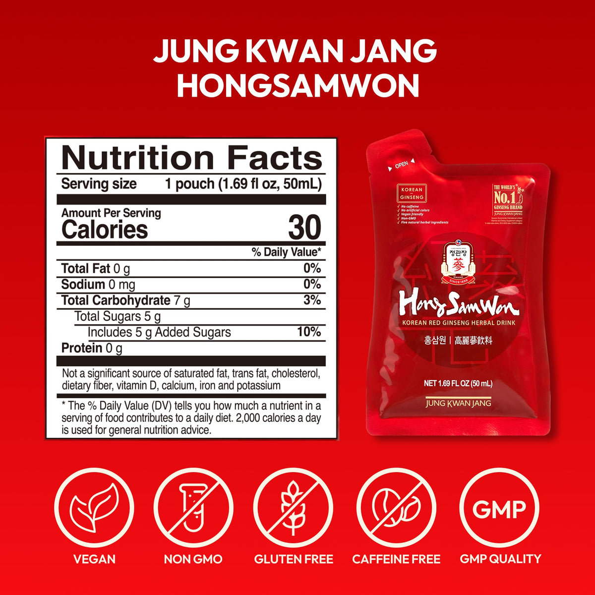 JUNG KWAN JANG US HongSamWon - Korean Red Ginseng Tea, Pre and Post Workout Herbal Energy Drink with Jujube, Cinnamon Ginger