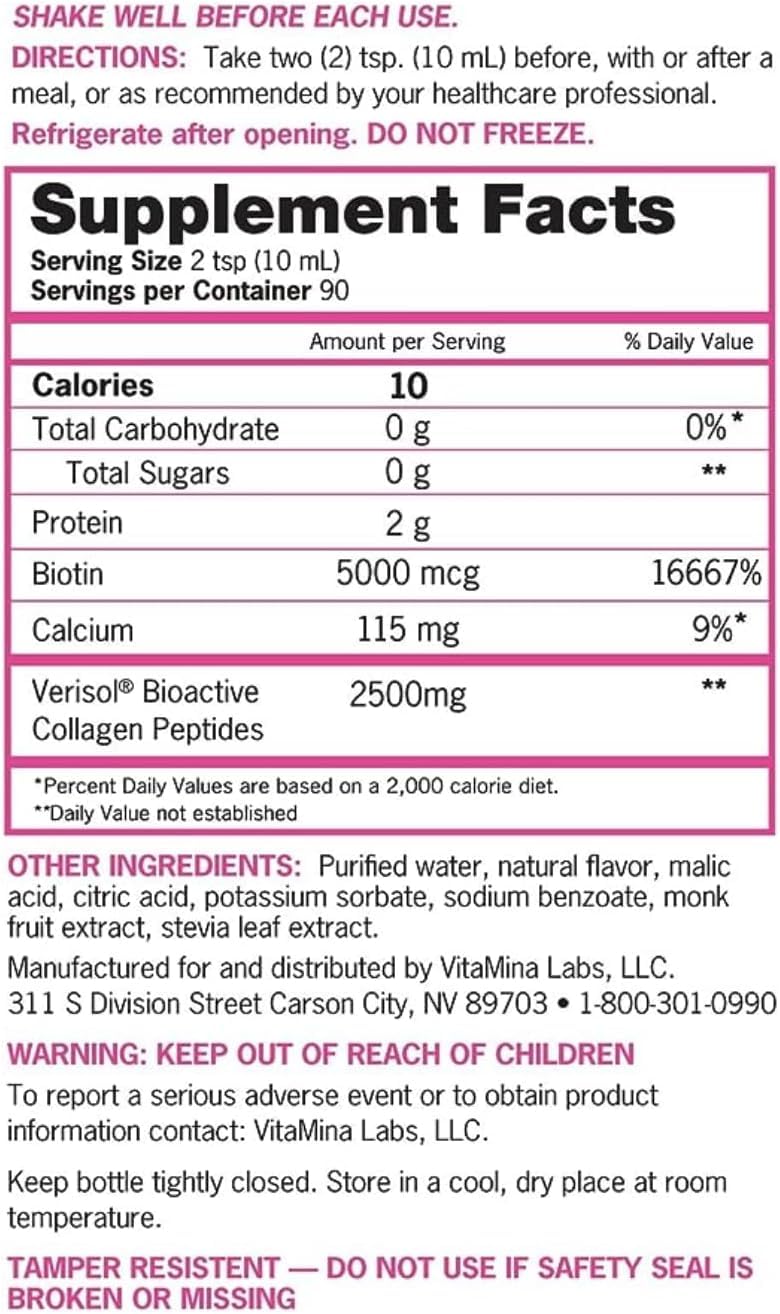 Zena Nutrition Premium Liquid Collagen for Women, Healthier Your Skin, Hair & Nail, Verisol Collagen Liquid, Biotin and