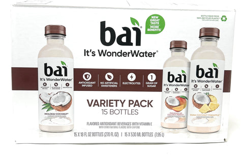 Bai WonderWater Coconut Variety Pack, 18oz bottles - pack of 15 (Molokai Coconut, Madagascar Coconut Mango, Puna Coconut