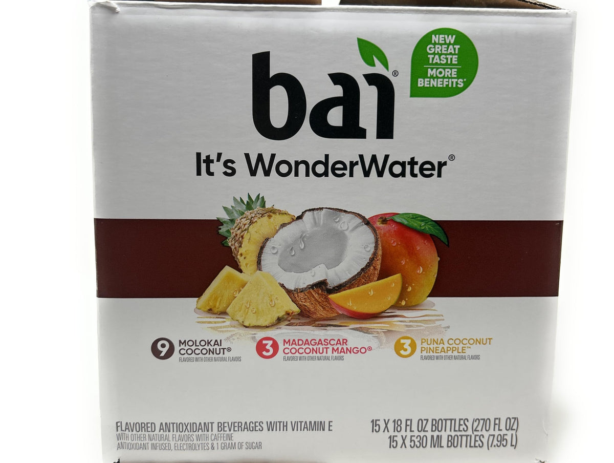 Bai WonderWater Coconut Variety Pack, 18oz bottles - pack of 15 (Molokai Coconut, Madagascar Coconut Mango, Puna Coconut