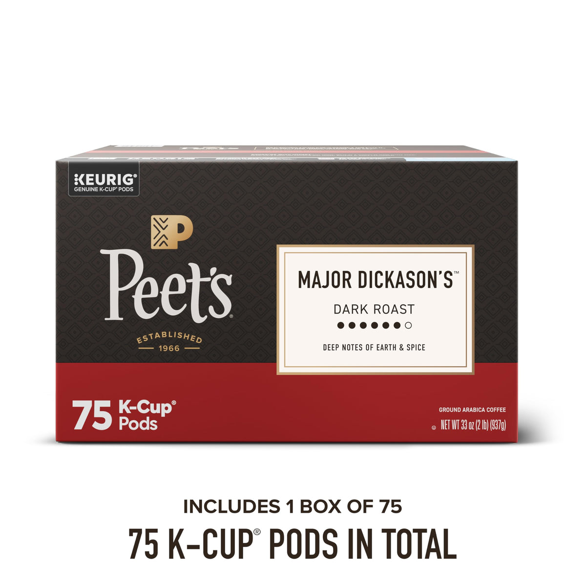 Peet's Coffee, Dark Roast Keurig K-Cup Pods, 100% Arabica Coffee - Major Dickason's Blend 75 Count (1 Box of 75 Pods)