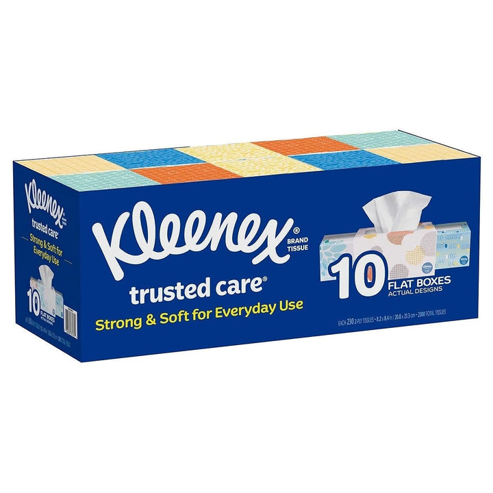 Angled view of Kleenex Trusted Care multipack: 10 flat boxes, 230 two-ply tissues each, 2,300 total