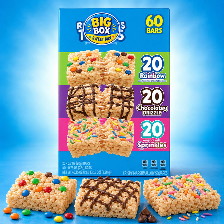 Crispy Rice Treats, 60 Total Marshmallow Squares, Variety Set, Rainbow, Chocolatey Drizzle and Sprinkles