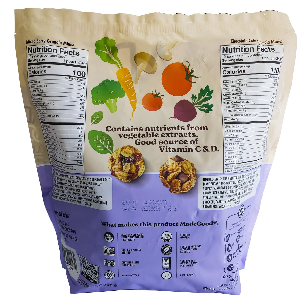MadeGood Organic Granola Minis 24-Bag Organic Snack Variety Pack, Gluten Free Mon GMO Vegan Nut Free Individually Wrapped