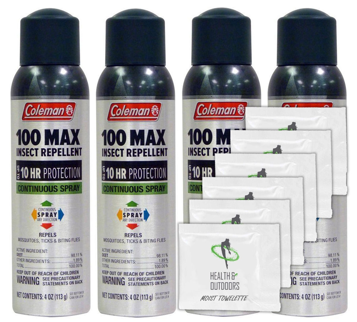 Coleman Max 100% Deet Insect Repellent - 4 oz Continuous Spray - Pack of 4 - w/ (6) Healthandoutdoor Hand Wipes
