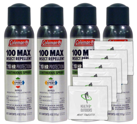 Coleman Max 100% Deet Insect Repellent - 4 oz Continuous Spray - Pack of 4 - w/ (6) Healthandoutdoor Hand Wipes
