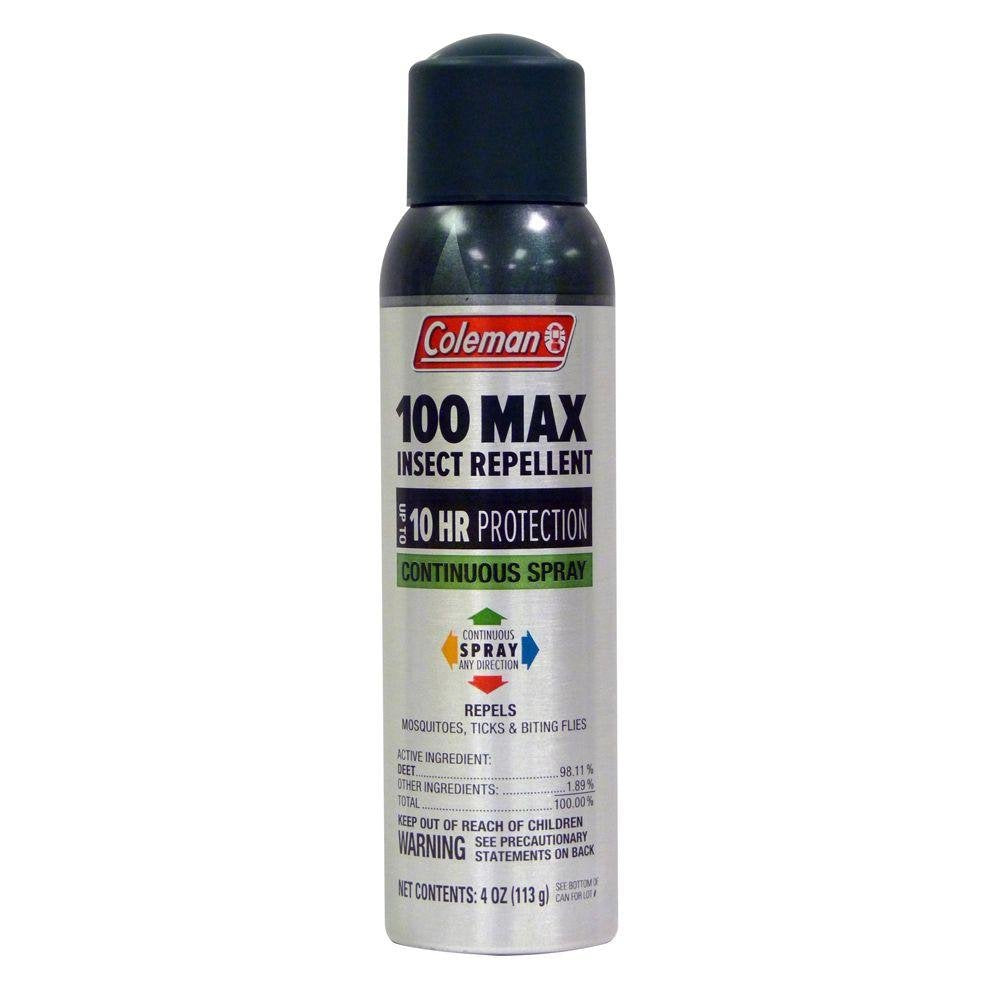 Coleman Max 100% Deet Insect Repellent - 4 oz Continuous Spray - Pack of 4 - w/ (6) Healthandoutdoor Hand Wipes — additional