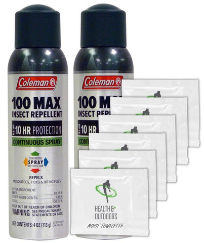 Coleman Max 100% Deet Insect Repellent - 4 oz Continuous Spray - Pack of 2 - w/ (6) Healthandoutdoor Hand Wipes