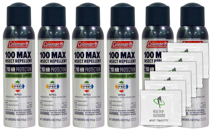 Coleman Max 100% Deet Insect Repellent - 4 oz Continuous Spray - Pack of 6 - w/ (6) Healthandoutdoor Hand Wipes