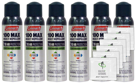 Coleman Max 100% Deet Insect Repellent - 4 oz Continuous Spray - Pack of 6 - w/ (6) Healthandoutdoor Hand Wipes