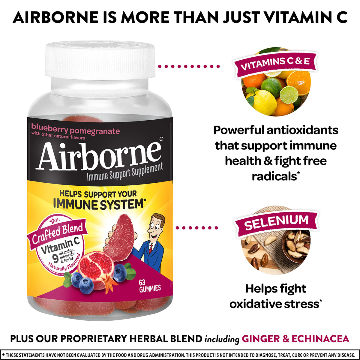 Airborne 750mg Vitamin C Gummies for Adults, Immune Support Supplement with Powerful Antioxidants Vitamins A C & E - 63