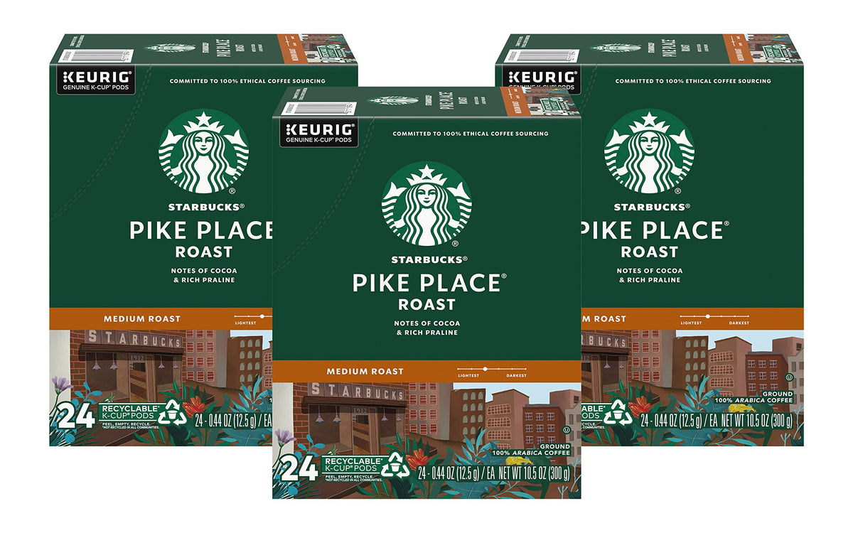 Starbucks Coffee K-Cup Pods, Pike Place Roast, Medium Roast Coffee, Notes of Cocoa & Rich Praline, Keurig Genuine K-Cup Pods