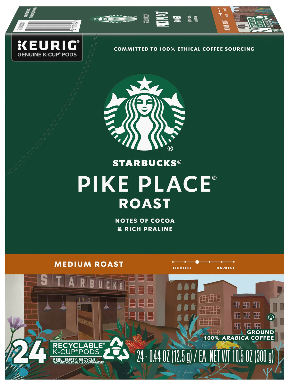 Starbucks Coffee K-Cup Pods, Pike Place Roast, Medium Roast Coffee, Notes of Cocoa & Rich Praline, Keurig Genuine K-Cup Pods