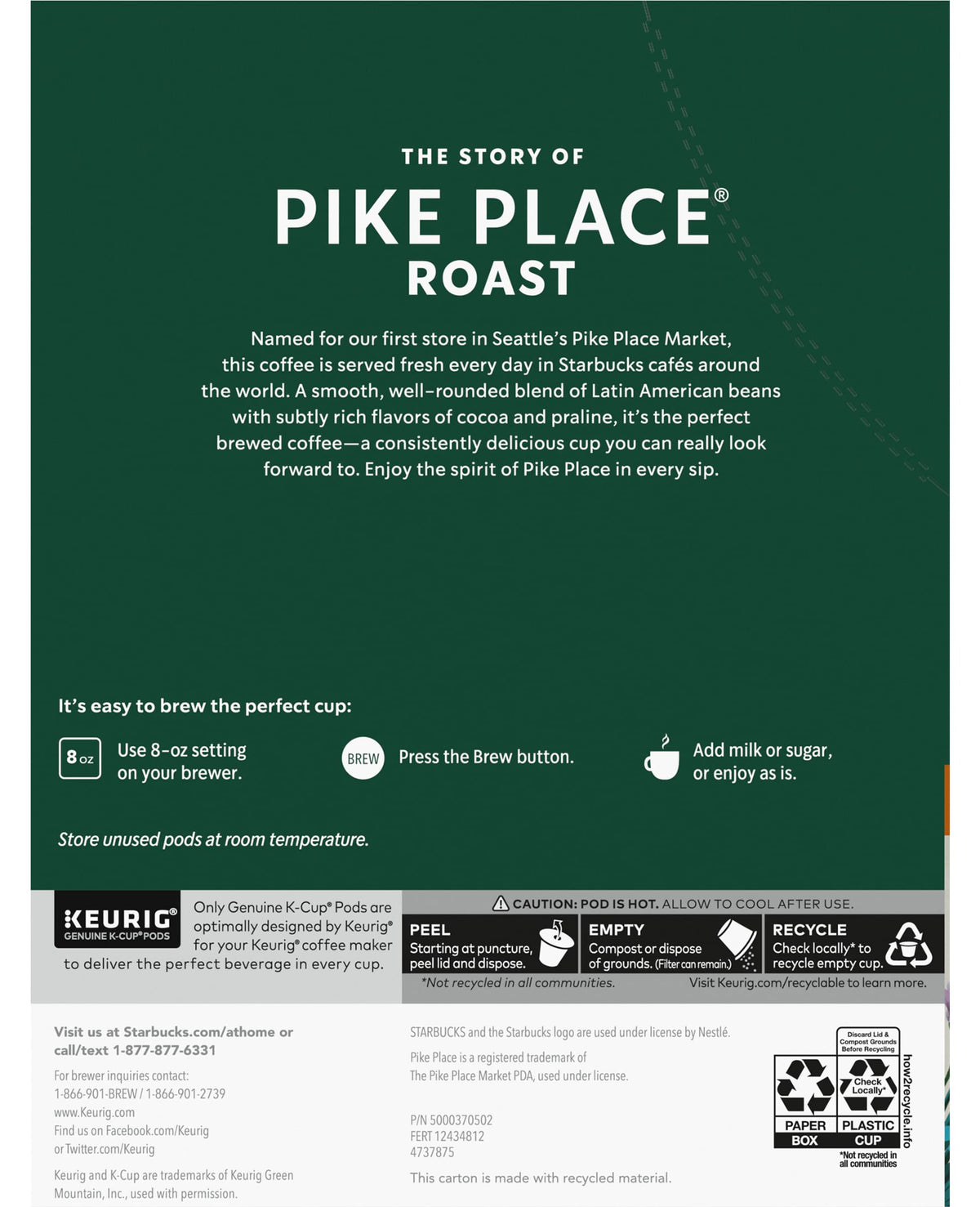 Starbucks Coffee K-Cup Pods, Pike Place Roast, Medium Roast Coffee, Notes of Cocoa & Rich Praline, Keurig Genuine K-Cup Pods