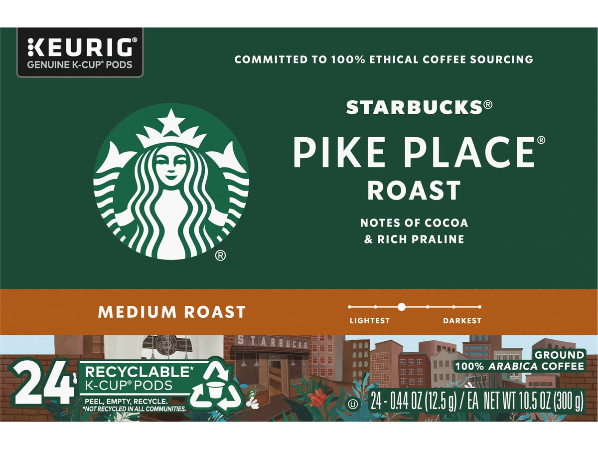 Starbucks Coffee K-Cup Pods, Pike Place Roast, Medium Roast Coffee, Notes of Cocoa & Rich Praline, Keurig Genuine K-Cup Pods