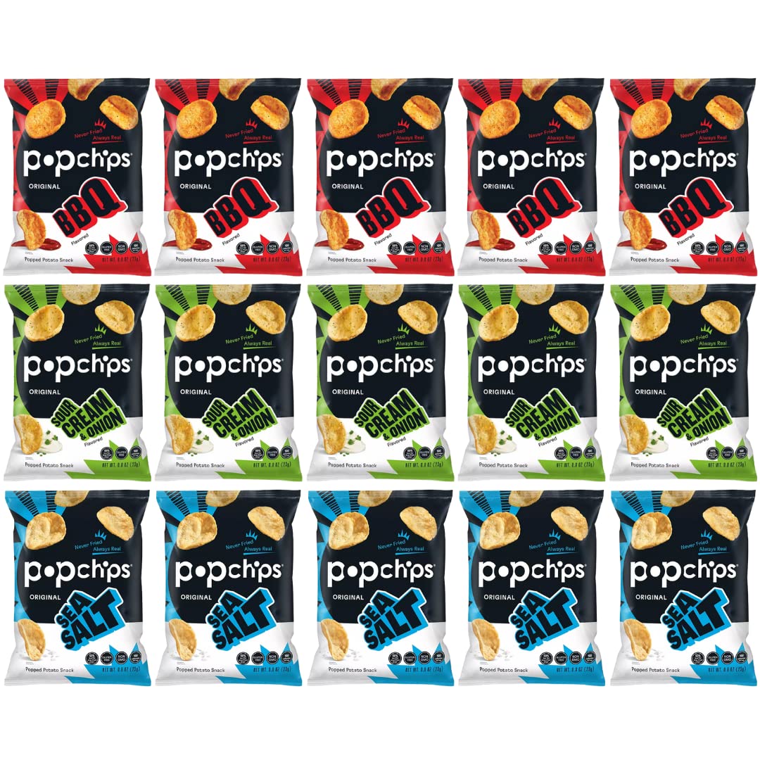 Popchips Potato Chips Variety Pack - Sour Cream & Onion, Sea Salt, & BBQ - 0.8 Bags (28-Count) By Veher