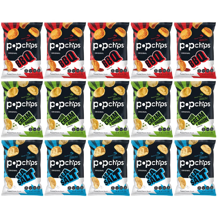 Popchips Potato Chips Variety Pack - Sour Cream & Onion, Sea Salt, & BBQ - 0.8 Bags (28-Count) By Veher