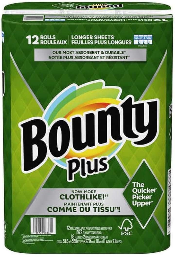 Green Bounty Plus 12-roll package labeled 86 white two-ply Select-A-Size sheets per roll