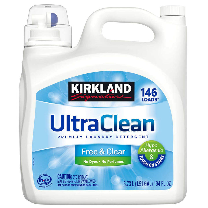 Kirkland Signature UltraClean Free & Clear detergent jug labeled 194 fl oz, 5.73 L and 146 loads