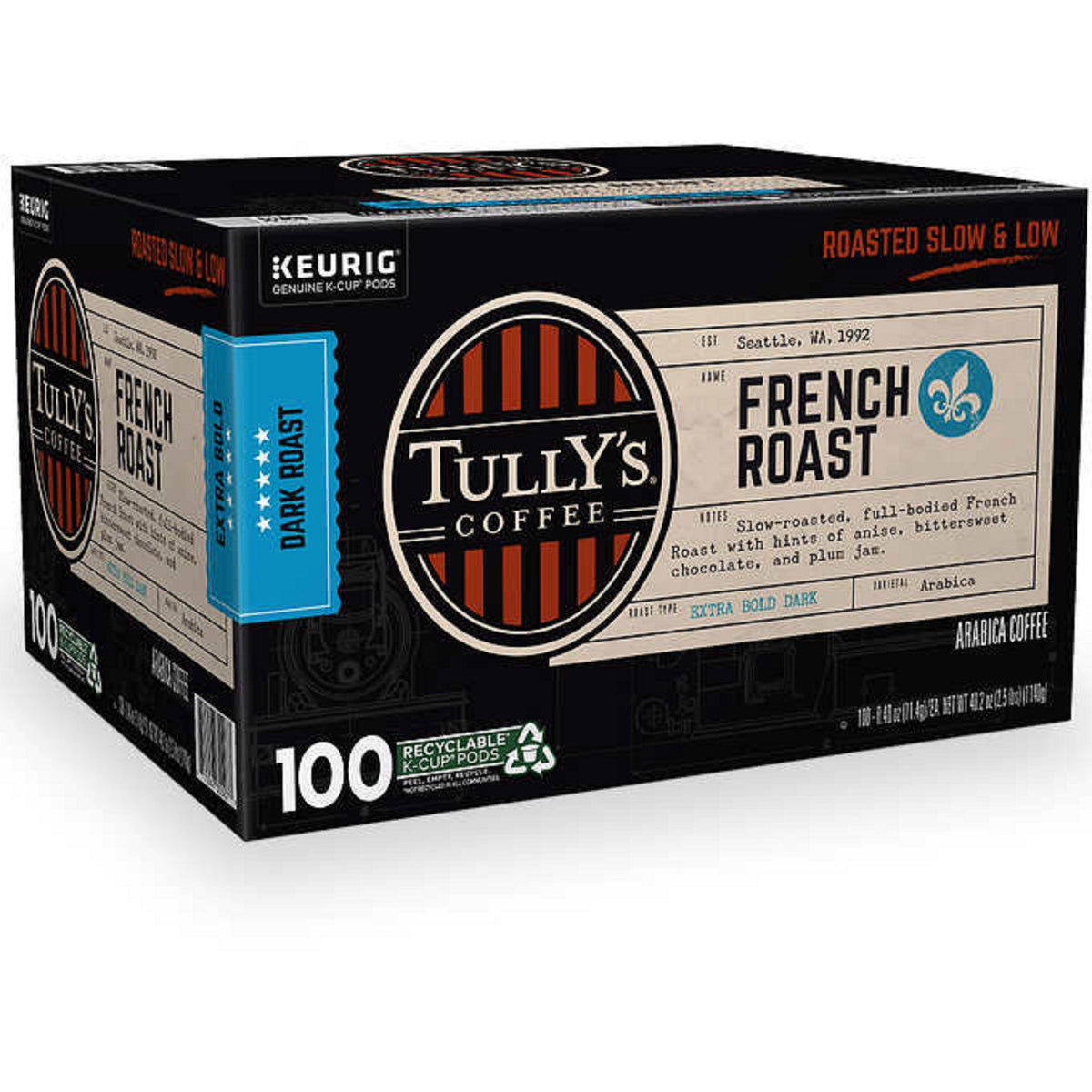 Tully's French Roast Extra Bold Coffee, Dark, Keurig K-Cup Pods, 100 ct