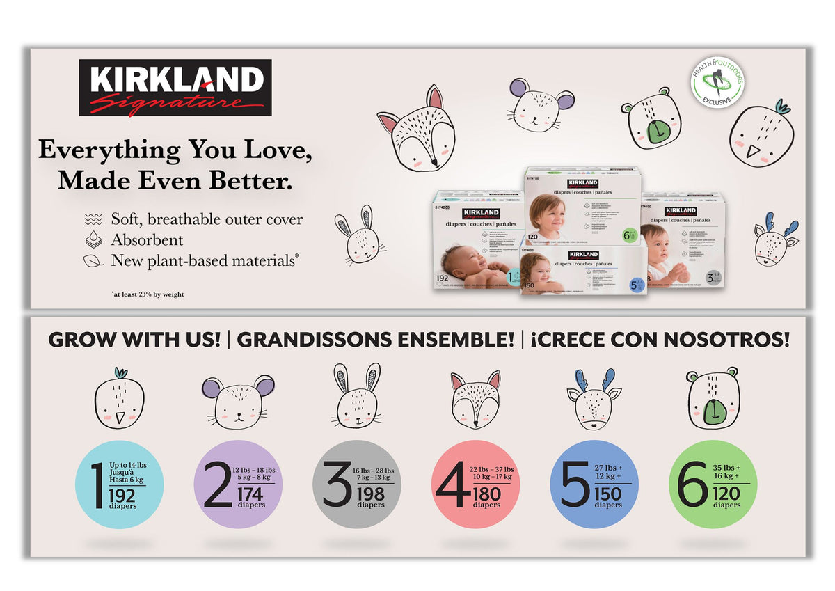 Kirkland Signature Diapers, Sizes 1-6 | Soft, Breathable Outer Cover, Absorbent, Plant-Based Materials with Bonus HealthandOutdoors Moist Towelettes