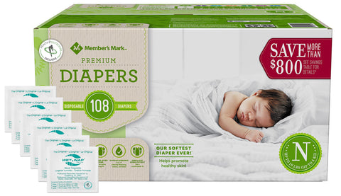 Member's Mark Premium Baby Diapers - Newborn (0-10 lbs) 108 count W/ Moist Towelettes