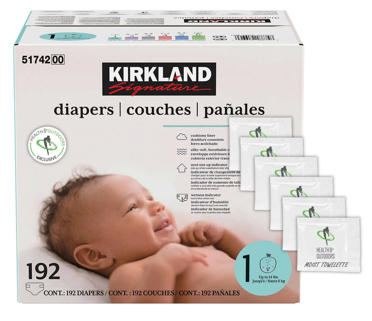 Kirkland Signature Diapers, Sizes 1-6 | Soft, Breathable Outer Cover, Absorbent, Plant-Based Materials with Bonus HealthandOutdoors Moist Towelettes