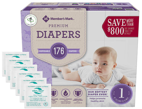 Member's Mark Premium Baby Diapers with HealthandOutdoors Moist Towelettes (Size 1 - 176 Count)