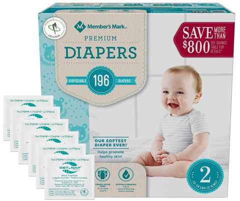 Member's Mark Premium Baby Diapers with HealthandOutdoors Moist Towelettes (Size 2 - 196 Count)
