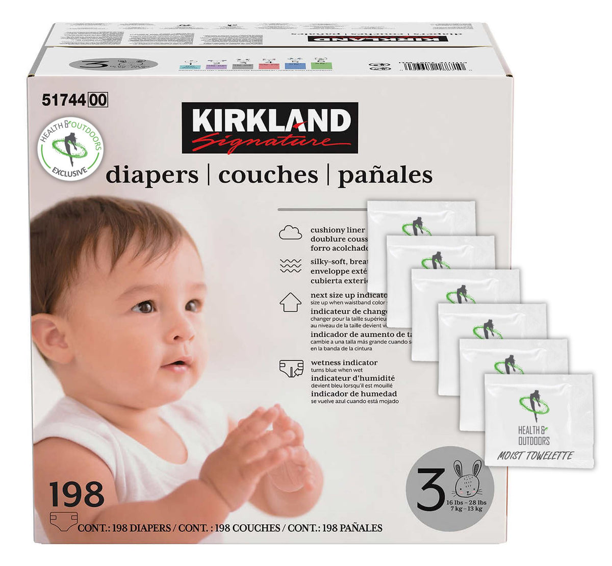 Kirkland Signature Diapers, Sizes 1-6 | Soft, Breathable Outer Cover, Absorbent, Plant-Based Materials with Bonus HealthandOutdoors Moist Towelettes