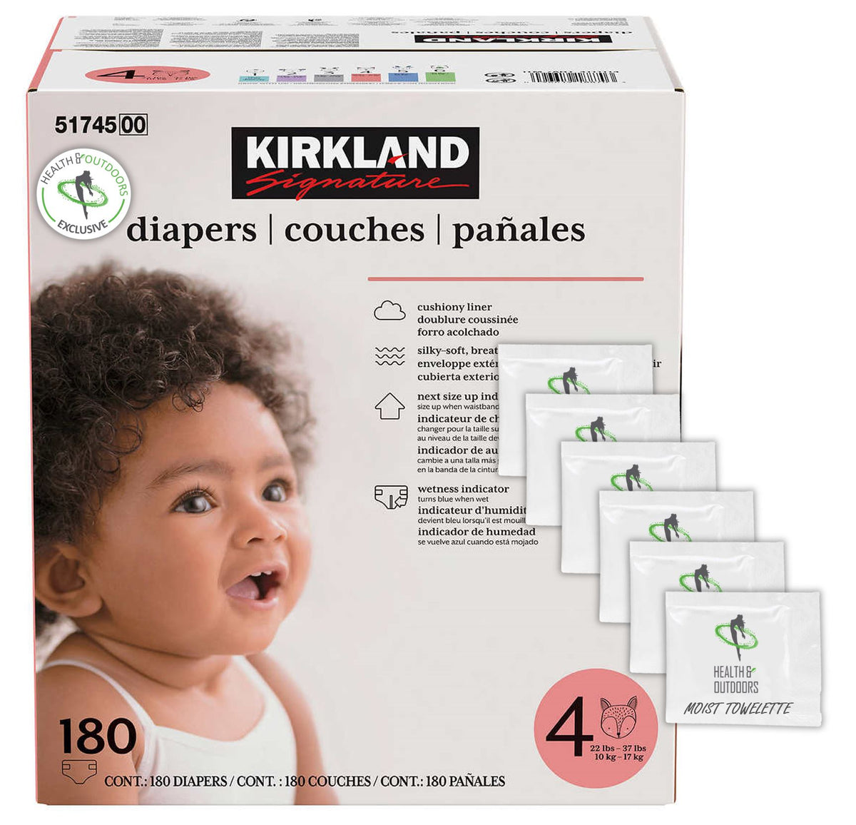 Kirkland Signature Diapers, Sizes 1-6 | Soft, Breathable Outer Cover, Absorbent, Plant-Based Materials with Bonus HealthandOutdoors Moist Towelettes