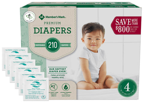 Member's Mark Premium Baby Diapers with HealthandOutdoors Moist Towelettes (Size 4 - 210 Count)