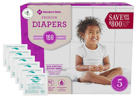 Member's Mark Premium Baby Diapers - Size 5 (27+ lbs) 168 count W/ Moist Towelettes
