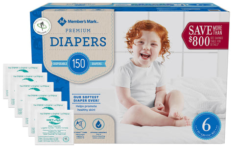 Member's Mark Premium Baby Diapers - Size 6 (35+ lbs) 150 count W/ Moist Towelettes