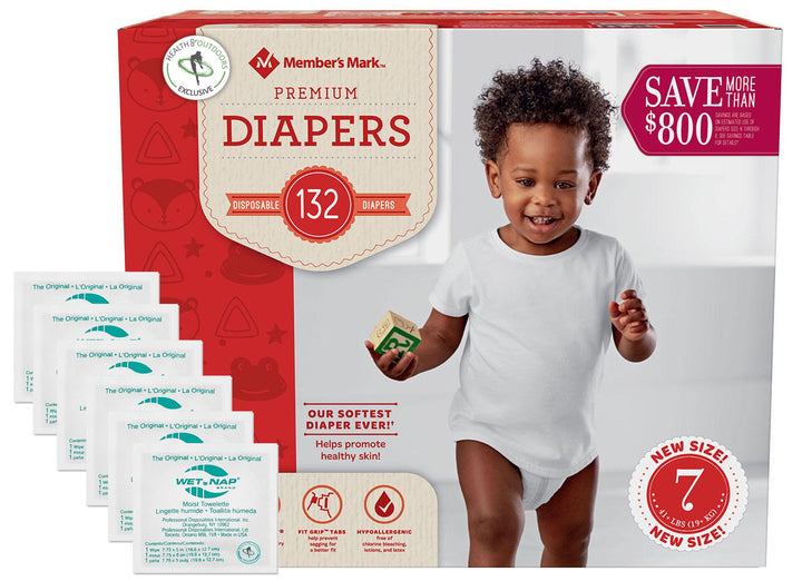 Member's Mark Premium size 7 diapers, 132-count box with six Wet-Nap moist towelettes