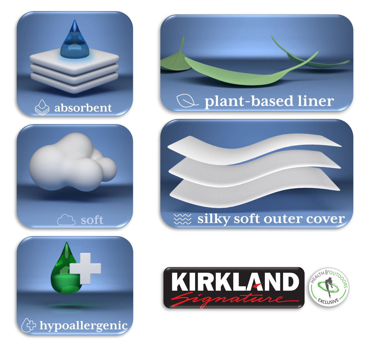 Kirkland Signature Diapers, Sizes 1-6 | Soft, Breathable Outer Cover, Absorbent, Plant-Based Materials with Bonus HealthandOutdoors Moist Towelettes