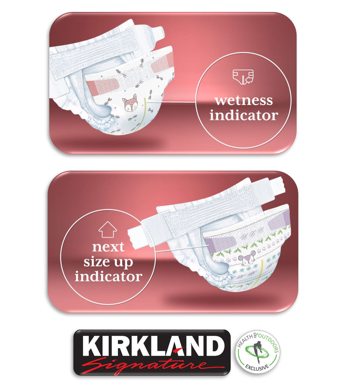 Kirkland Signature Diapers, Sizes 1-6 | Soft, Breathable Outer Cover, Absorbent, Plant-Based Materials with Bonus HealthandOutdoors Moist Towelettes